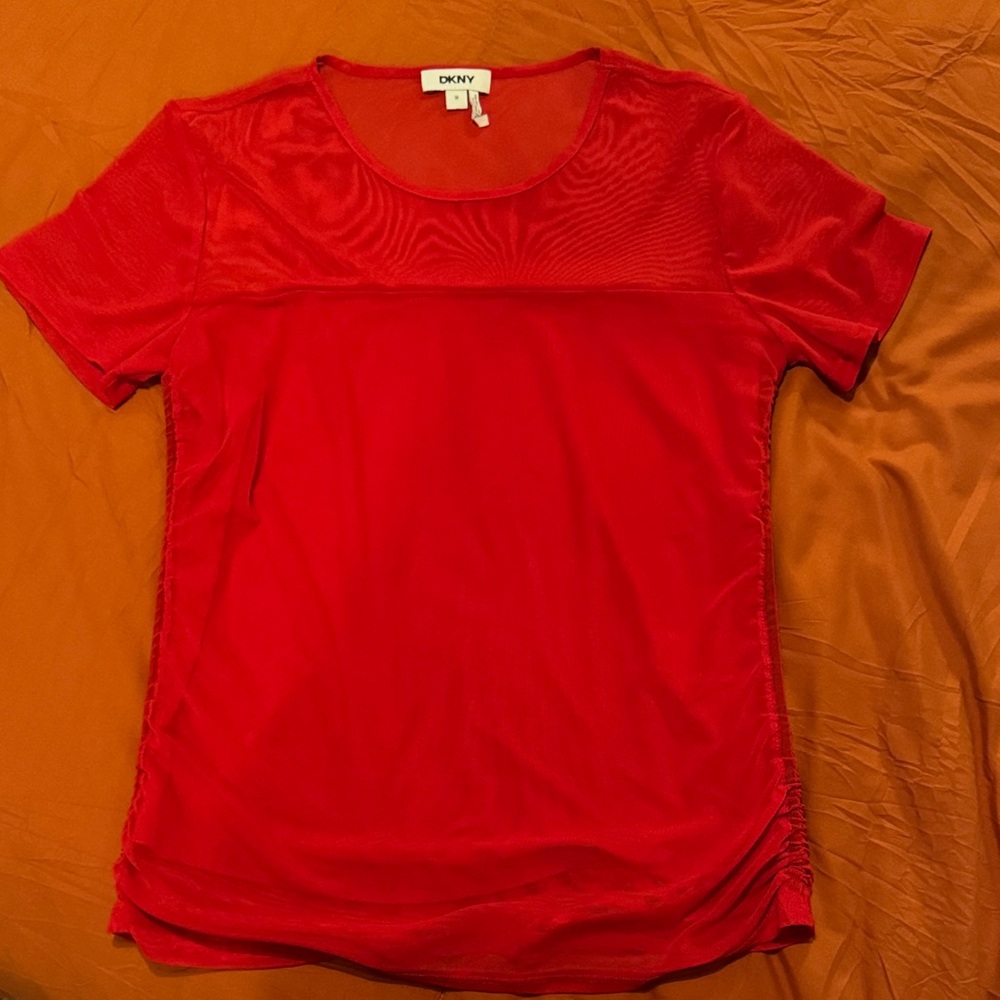 DKNY Red Short Sleeve Top with Sheer Mesh Yoke